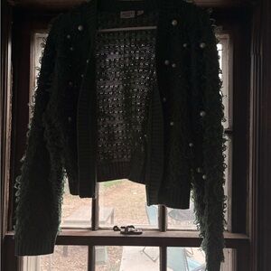 Mighty Fine Dark Green Pearl-Embellished Loop Knit Cardigan